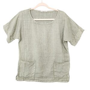 FRANCESCA BETTINI Green 19C257 Short Sleeve Pocket Linen Top Italy SIZE SMALL